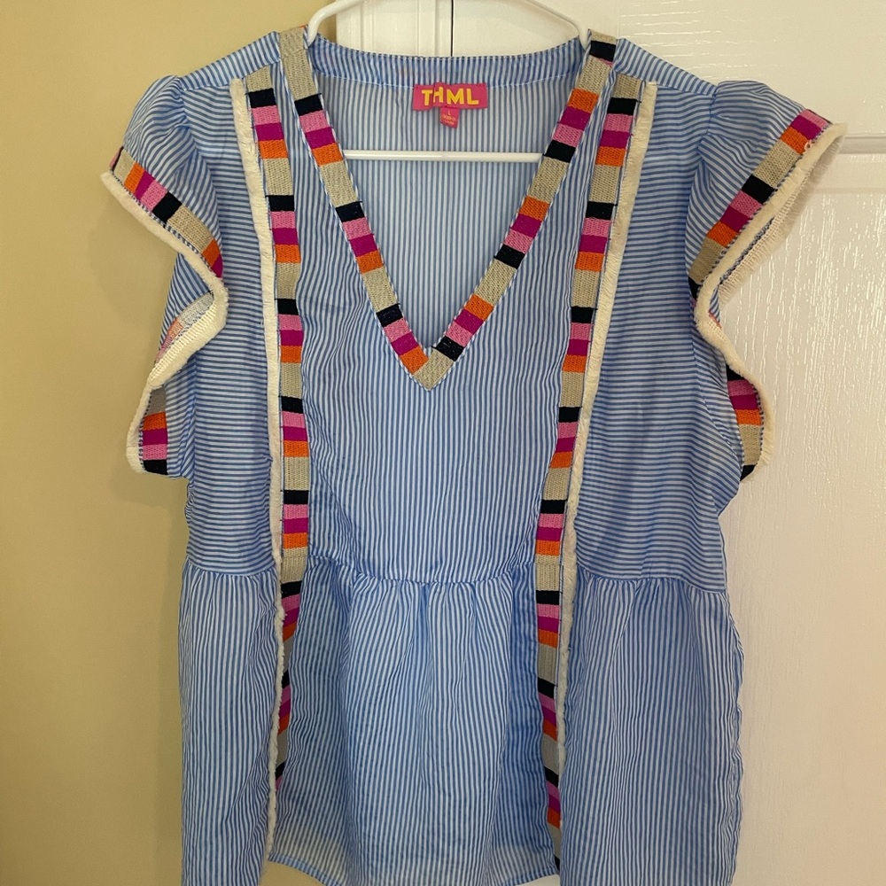 THML Light Blue Striped V-Neck Peplum Blouse with Multicolor Trim